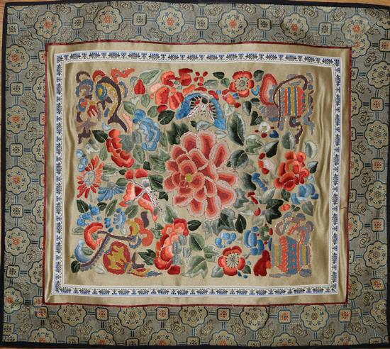 A Chinese silk panel, a Chinese table cloth and a silk panel